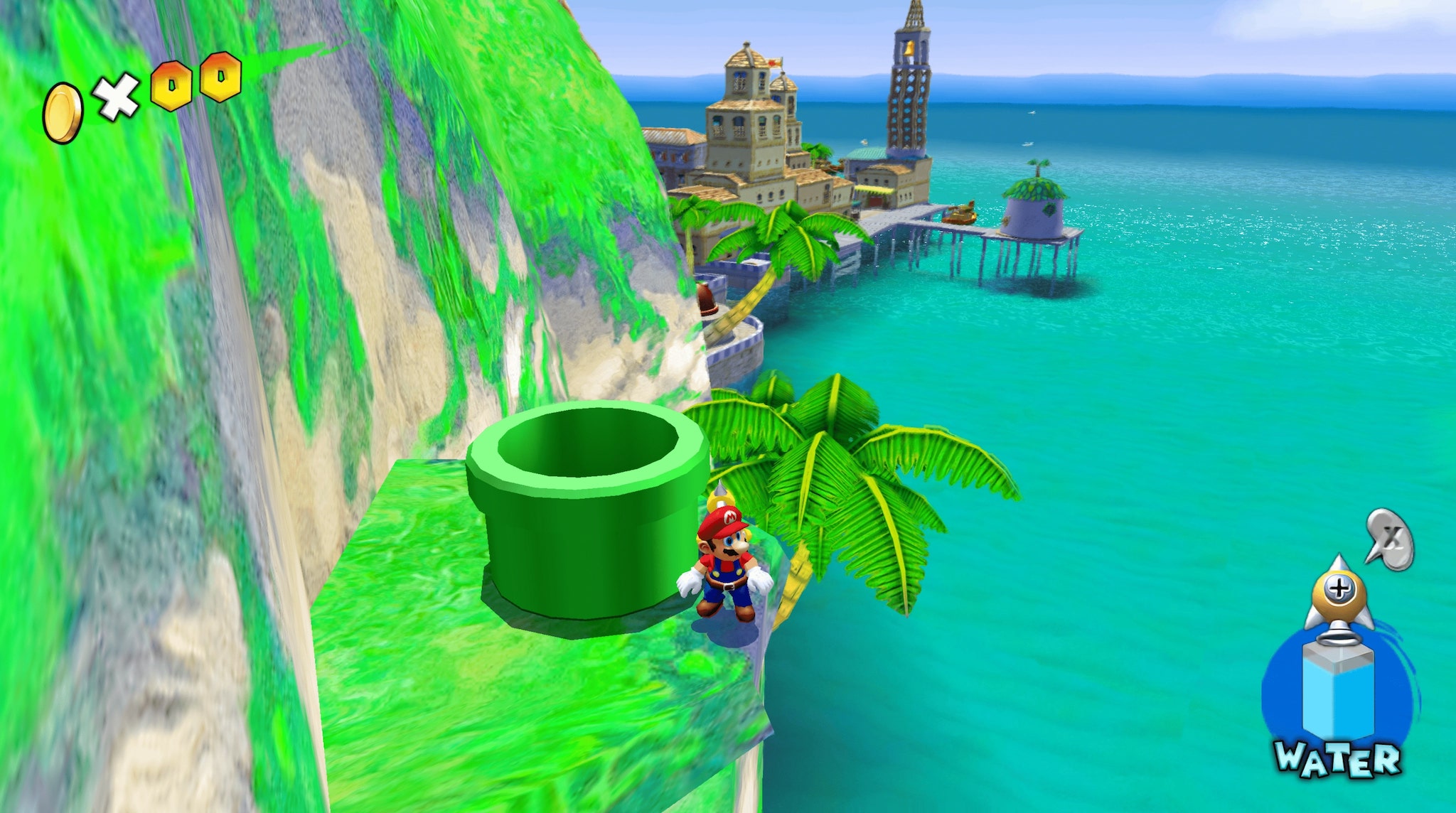 Super Mario Sunshine standing next to warp pipe