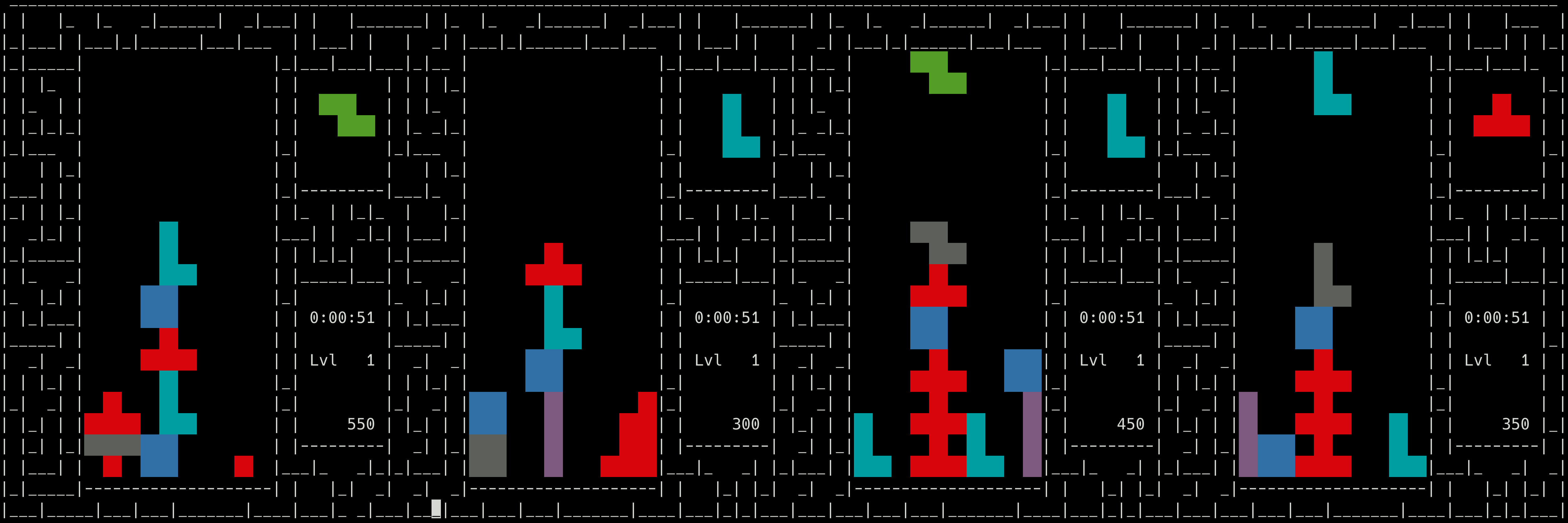 Splitscreen 4-player Tetris running in the terminal.