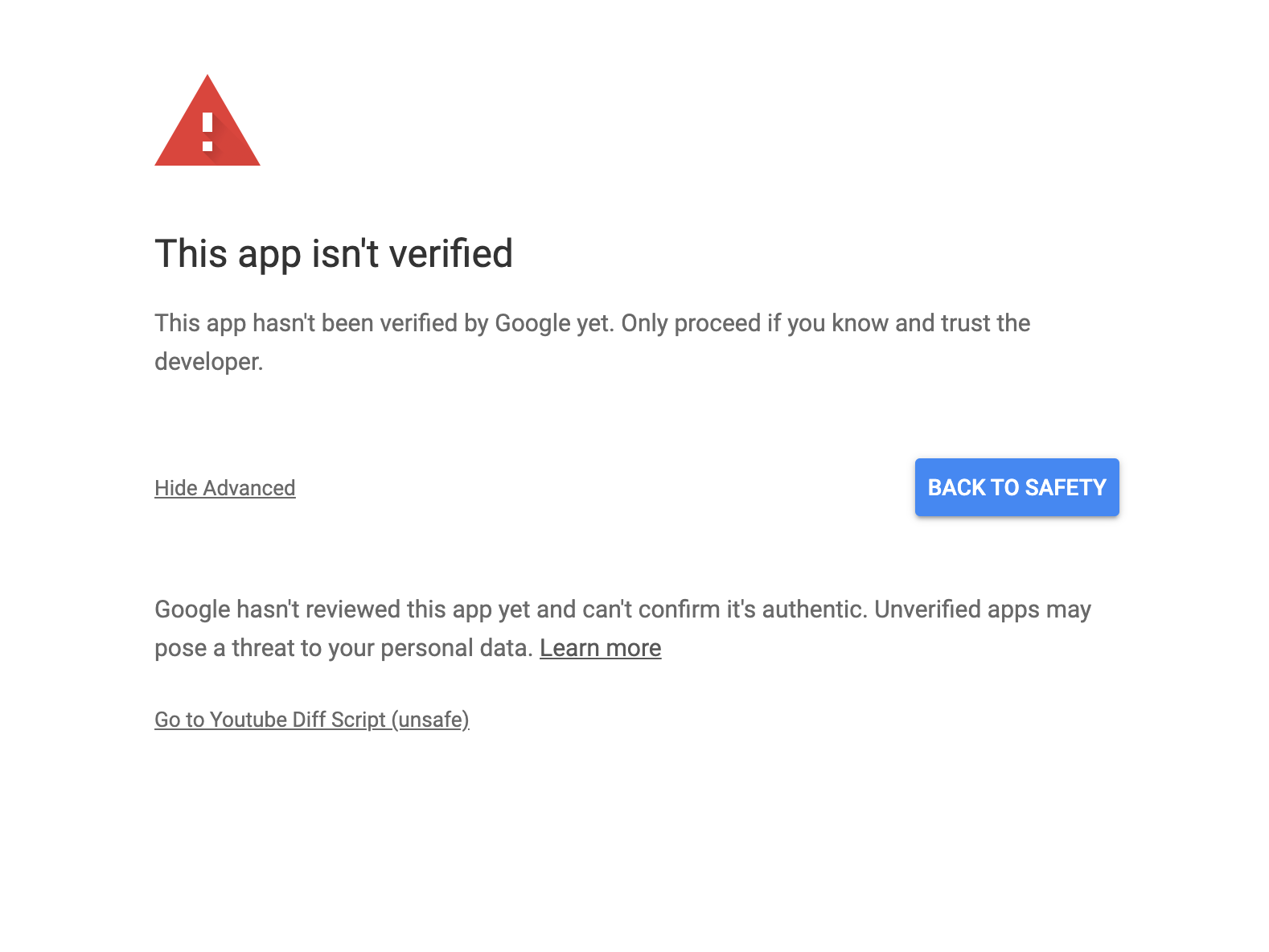 Screenshot of unverified app warning